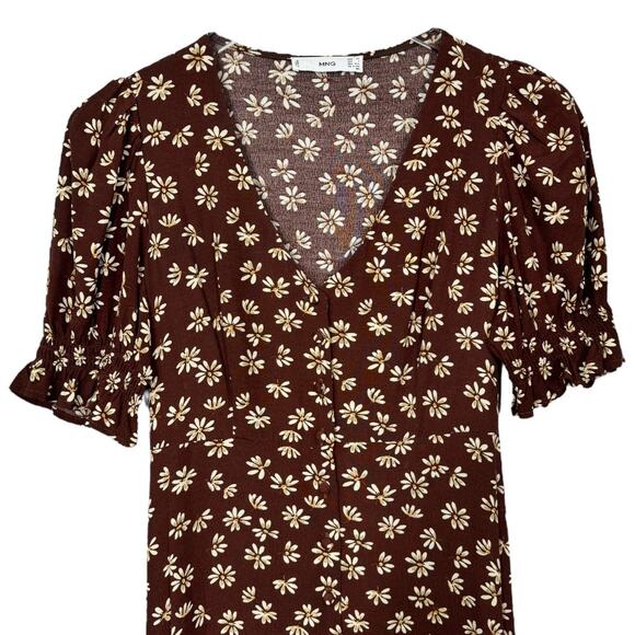 Mango MNG Brown Floral Print Midi Dress 2 Button Front Cottage Dainty Retro - Picture 4 of 9
